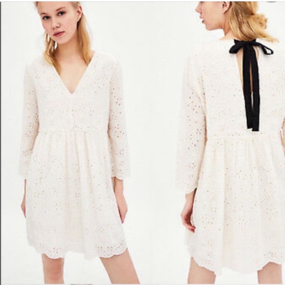 Zara TRF Eyelet Cream Dress Bow Back Medium